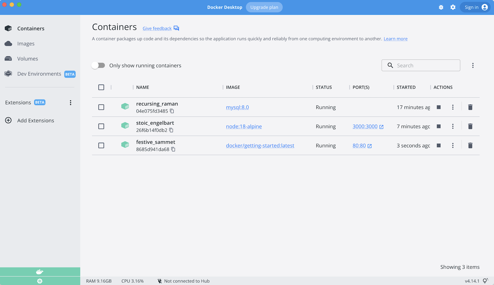 Docker Dashboard showing two ungrouped app containers