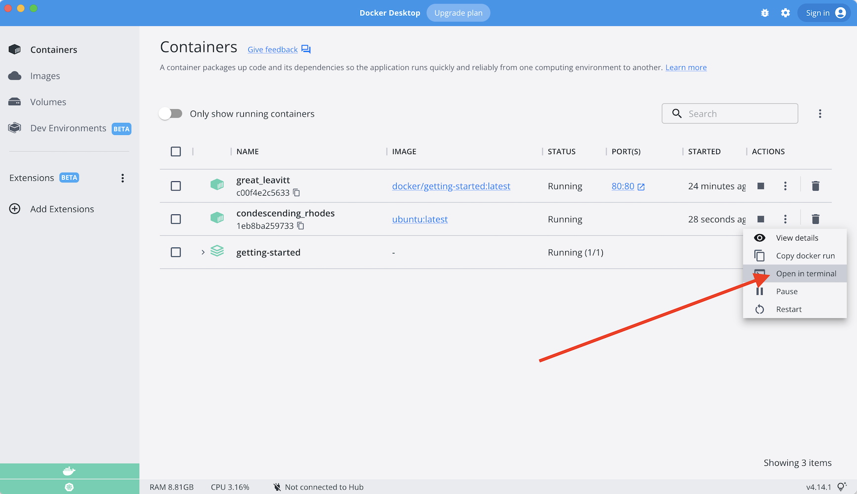 Dashboard open CLI into ubuntu container